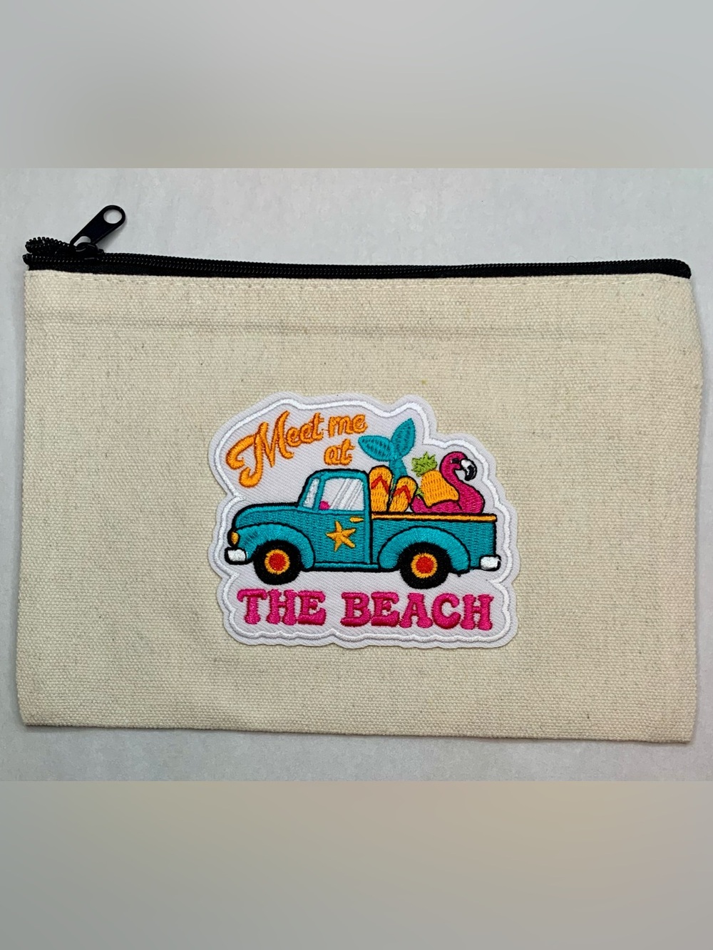 Hand Crafted Beach Truck Canvas Cosmetic Pouch - Cream with Teal, Pink, Orange